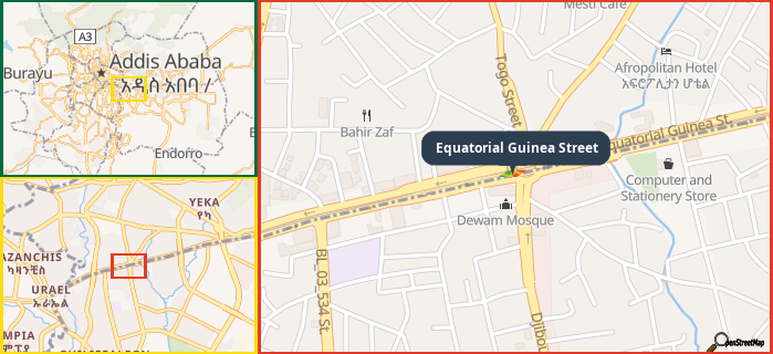 Map showing the address of Equatorial Guinea Street in three different zoom levels.