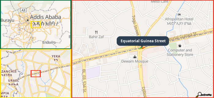 Map showing the address of Equatorial Guinea Street in three different zoom levels.