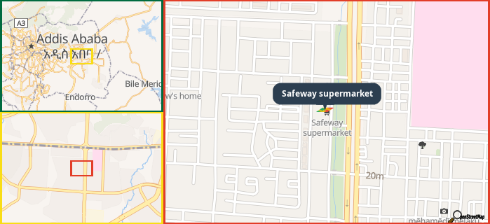 Map showing the address of Safeway supermarket in three different zoom levels.