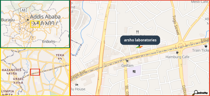 Map showing the address of arsho laboratories in three different zoom levels.