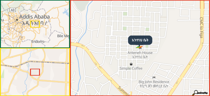 Map showing the address of አንተነህ ቤት in three different zoom levels.