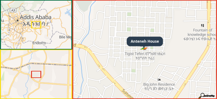 Map showing the address of Anteneh House in three different zoom levels.