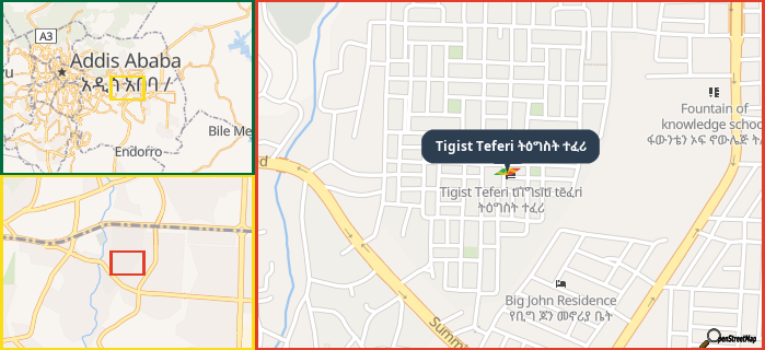 Map showing the address of Tigist Teferi ትዕግስት ተፈሪ in three different zoom levels.