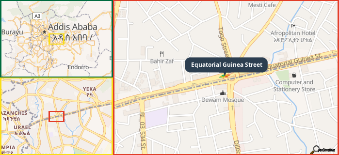 Map showing the address of Equatorial Guinea Street in three different zoom levels.