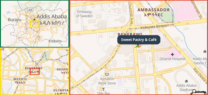 Map showing the address of Sweet Pastry & Café in three different zoom levels.