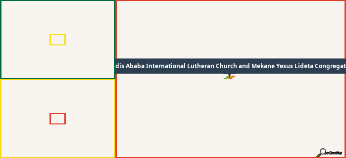 Map showing the address of Addis Ababa International Lutheran Church and Mekane Yesus Lideta Congregation in three different zoom levels.