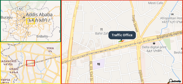 Map showing the address of Traffic Office in three different zoom levels.