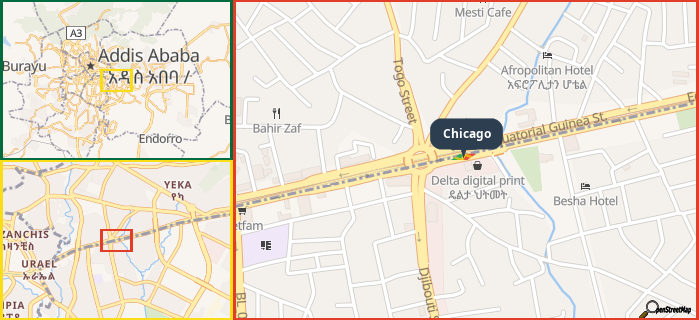 Map showing the address of Chicago in three different zoom levels.