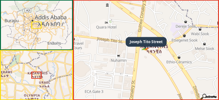 Map showing the address of Joseph Tito Street in three different zoom levels.