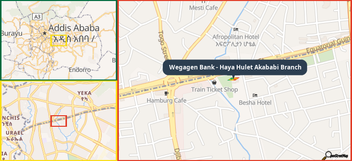 Map showing the address of Wegagen Bank - Haya Hulet Akababi Branch in three different zoom levels.