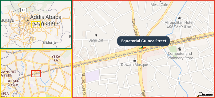 Map showing the address of Equatorial Guinea Street in three different zoom levels.