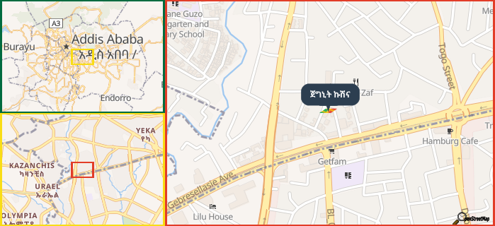 Map showing the address of ጀግኒት ኩሽና in three different zoom levels.