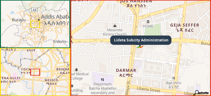 Map showing the address of Lideta Subcity Administration in three different zoom levels.