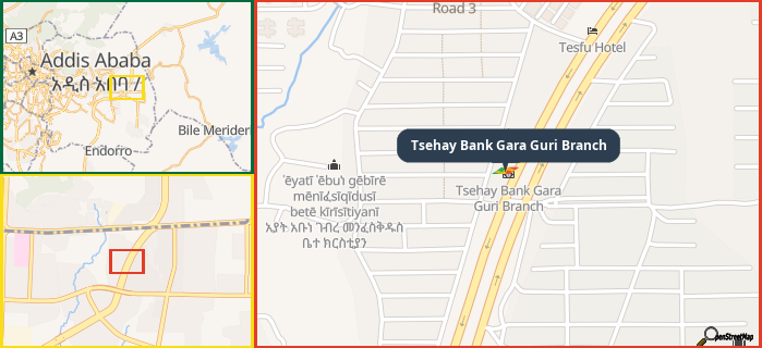 Map showing the address of Tsehay Bank Gara Guri Branch in three different zoom levels.