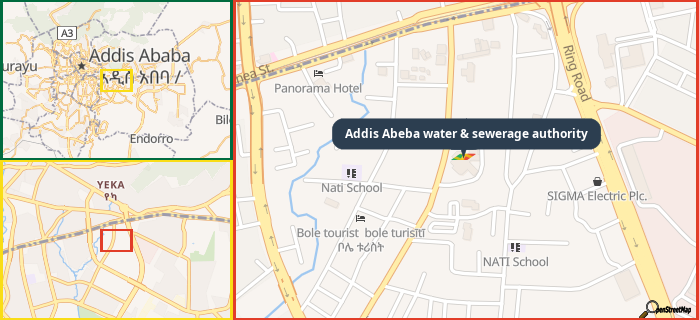 Map showing the address of Addis Abeba water & sewerage authority in three different zoom levels.