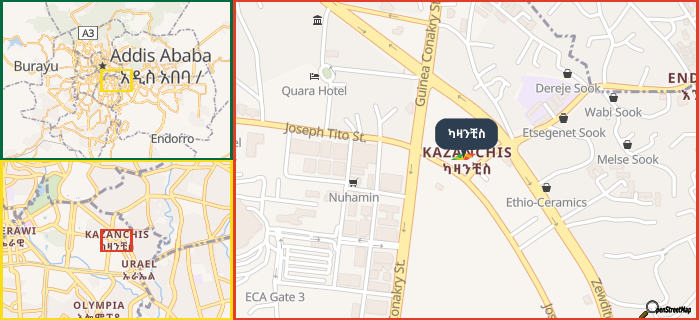Map showing the address of ካዛንቺስ in three different zoom levels.