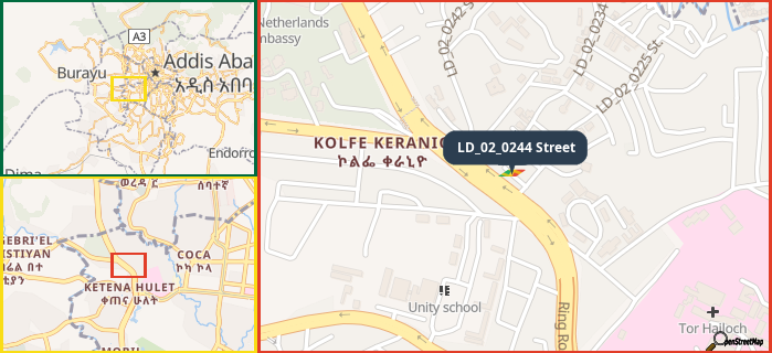 Map showing the address of LD_02_0244 Street in three different zoom levels.