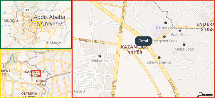 Map showing the address of Total in three different zoom levels.