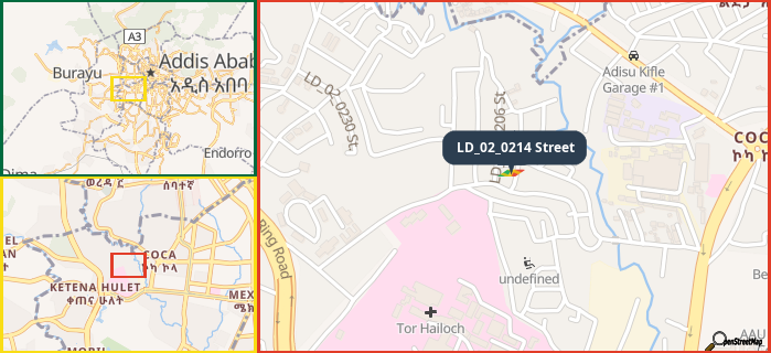 Map showing the address of LD_02_0214 Street in three different zoom levels.