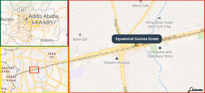 Map showing the address of Equatorial Guinea Street in three different zoom levels.