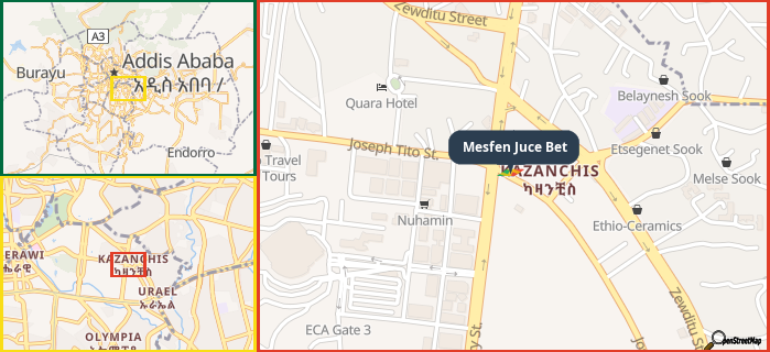 Map showing the address of Mesfen Juce Bet in three different zoom levels.