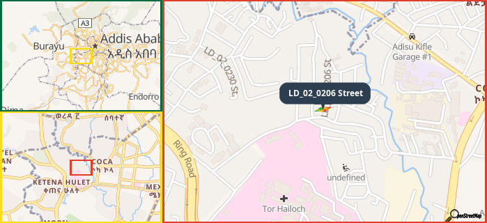 Map showing the address of LD_02_0206 Street in three different zoom levels.