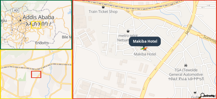 Map showing the address of Makiba Hotel in three different zoom levels.