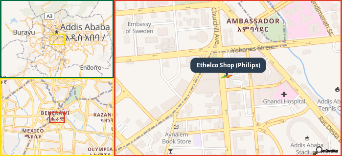 Map showing the address of Ethelco Shop (Philips) in three different zoom levels.
