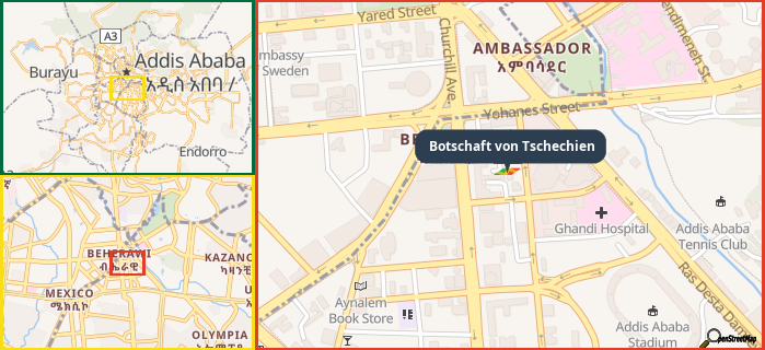 Map showing the address of Botschaft von Tschechien in three different zoom levels.