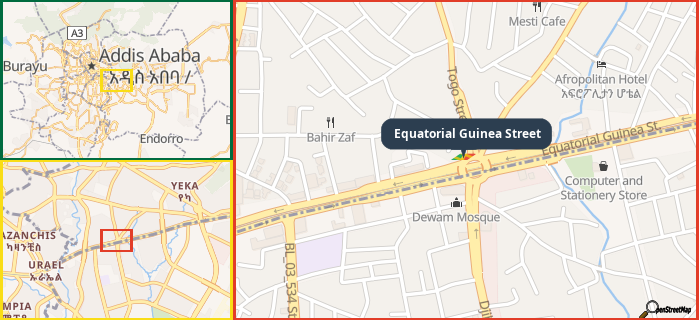 Map showing the address of Equatorial Guinea Street in three different zoom levels.