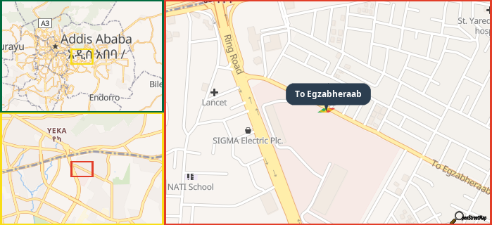 Map showing the address of To Egzabheraab in three different zoom levels.