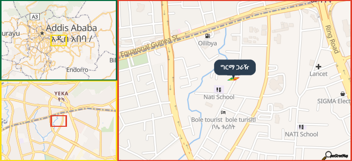 Map showing the address of ግርማ ጋራዥ in three different zoom levels.