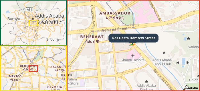 Map showing the address of Ras Desta Damtew Street in three different zoom levels.