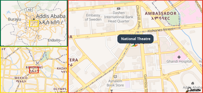 Map showing the address of National Theatre in three different zoom levels.