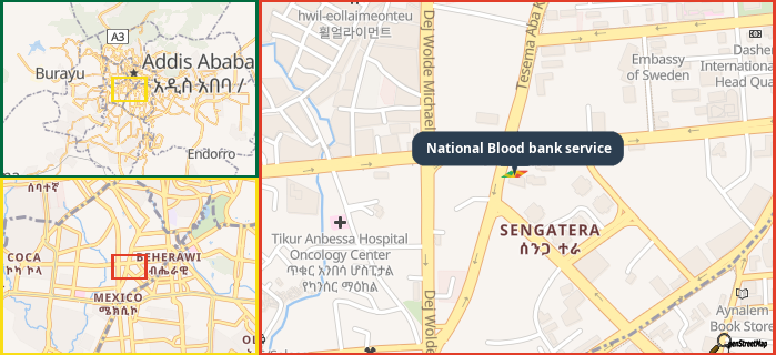 Map showing the address of National Blood bank service in three different zoom levels.