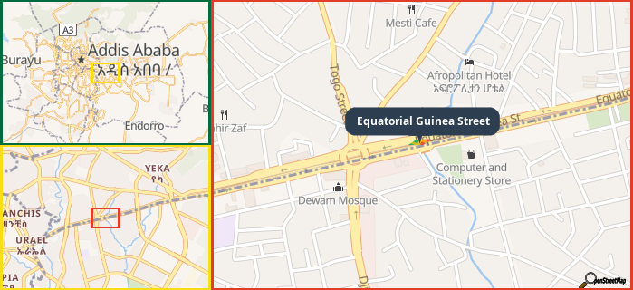 Map showing the address of Equatorial Guinea Street in three different zoom levels.