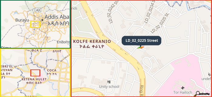 Map showing the address of LD_02_0225 Street in three different zoom levels.
