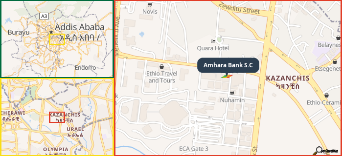 Map showing the address of Amhara Bank S.C in three different zoom levels.