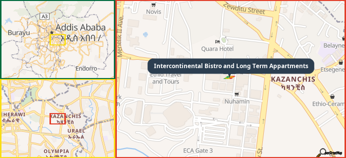 Map showing the address of Intercontinental Bistro and Long Term Appartments in three different zoom levels.