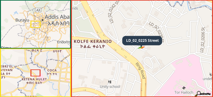 Map showing the address of LD_02_0225 Street in three different zoom levels.