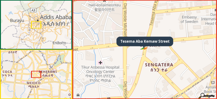 Map showing the address of Tesema Aba Kemaw Street in three different zoom levels.