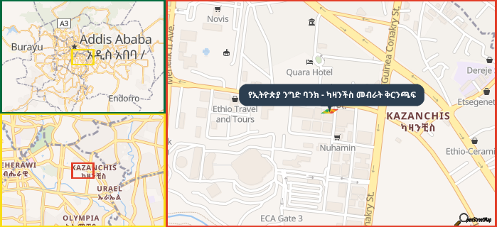 Map showing the address of የኢትዮጵያ ንግድ ባንክ - ካዛንችስ መብራት ቅርንጫፍ in three different zoom levels.