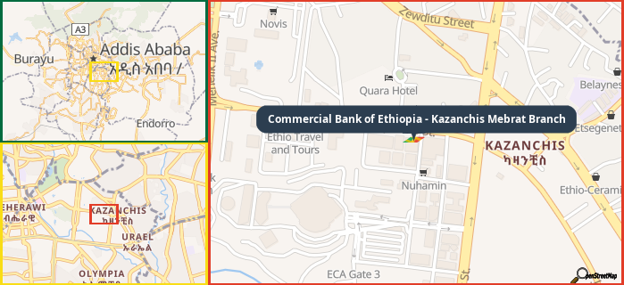 Map showing the address of Commercial Bank of Ethiopia - Kazanchis Mebrat Branch in three different zoom levels.