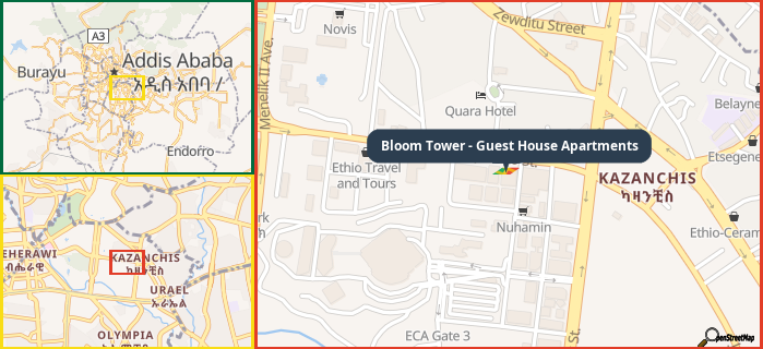 Map showing the address of Bloom Tower - Guest House Apartments in three different zoom levels.