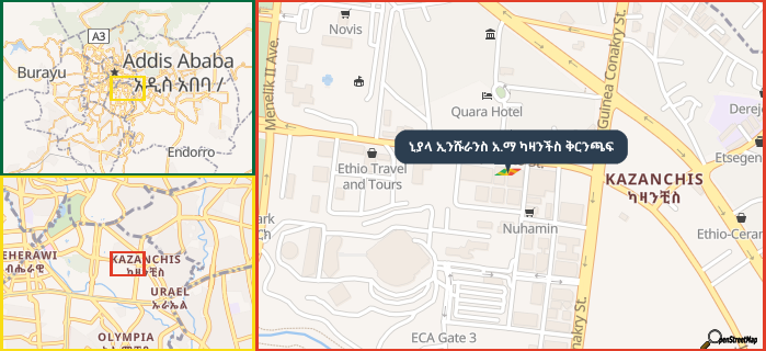 Map showing the address of ኒያላ ኢንሹራንስ አ.ማ ካዛንችስ ቅርንጫፍ in three different zoom levels.