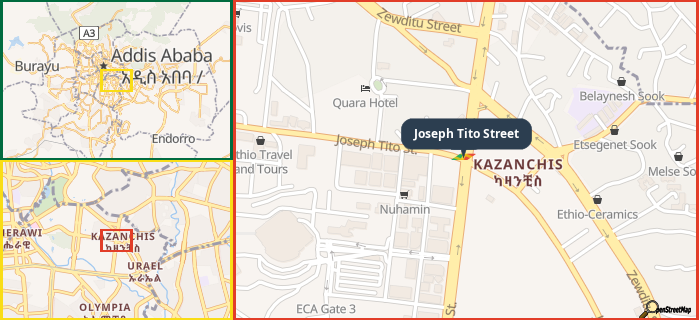 Map showing the address of Joseph Tito Street in three different zoom levels.