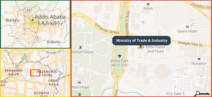 Map showing the address of Ministry of Trade & Industry in three different zoom levels.