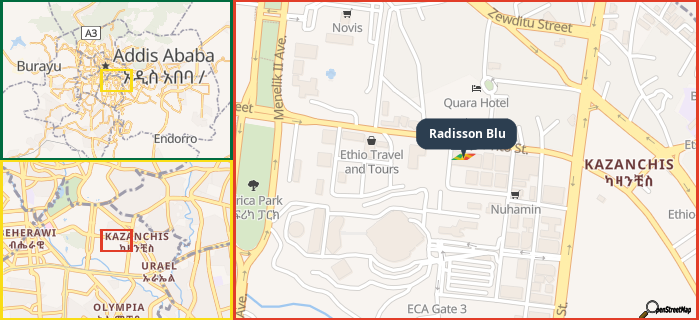 Map showing the address of Radisson Blu in three different zoom levels.