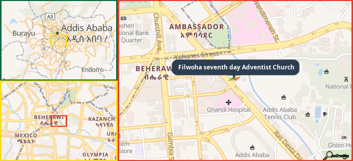 Map showing the address of Filwoha seventh day Adventist Church in three different zoom levels.