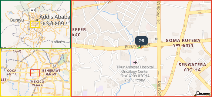 Map showing the address of ፓዌ in three different zoom levels.